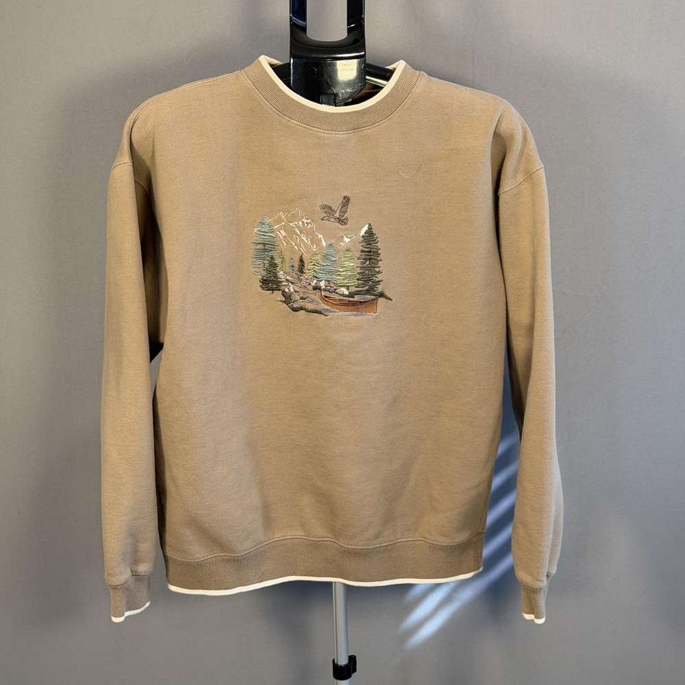 MC Sport Sweatshirt Mens Large Brown Fleece Pullover Canoe Nature Mountain Scene